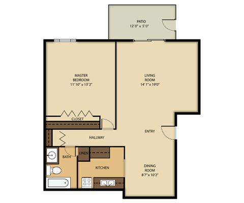 Floor plan for 1 bed, 1 bath, 700 sqft